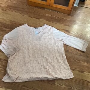 Roz & Ali Pale Pink V~Neck 3/4 Sleeve Crochet Trim Knit Top Size 3X
